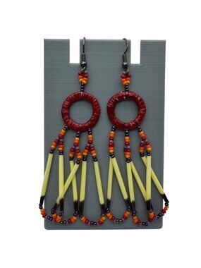 Vintage Ruby Red Glass Seed Bead & Porcupine Quill Earrings Sterling Silver 3.5"